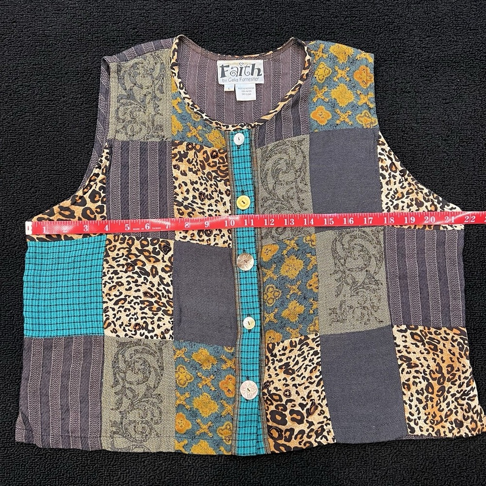 Faith Celia Forrester Vest L Patchwork Mixed Print Boho Artsy Unique Whimsy - Picture 5 of 8